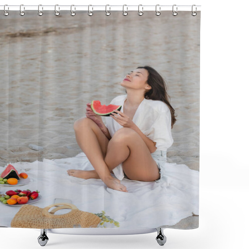 Personality  Brunette Woman Holding Watermelon Near Smartphone And Handbag On Blanket On Beach  Shower Curtains