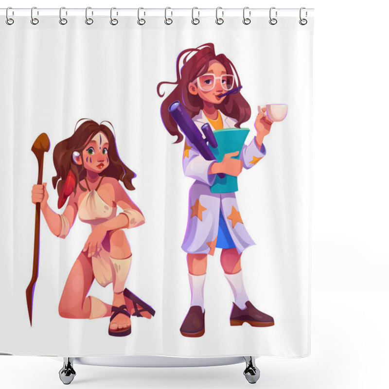 Personality  Young Cartoon Woman In Two Characters - Indigenous Prehistoric Person With Feather In Hear And Spear Stick In Hands, Scientist Astronomer Holding Documents And Telescope, Cup Of Coffee In Her Hand. Shower Curtains