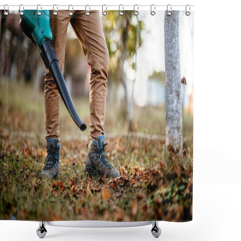 Personality  Close Up Details Of Leaves Blowing, Man Using Multiple Tools While Working In Garden Shower Curtains