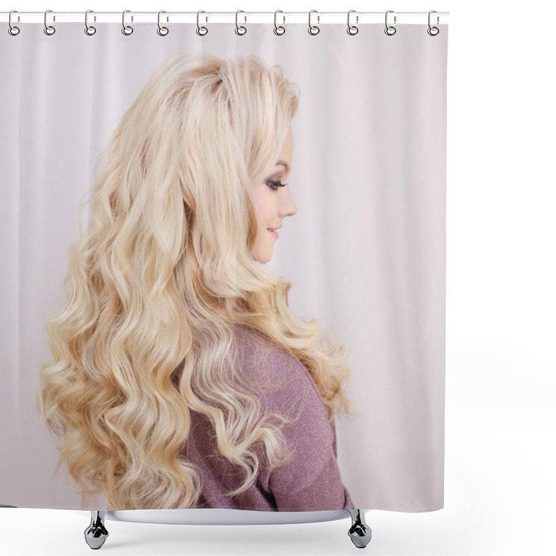 Personality  Back View Of Blonde With Long Luxurious Curls. Shower Curtains