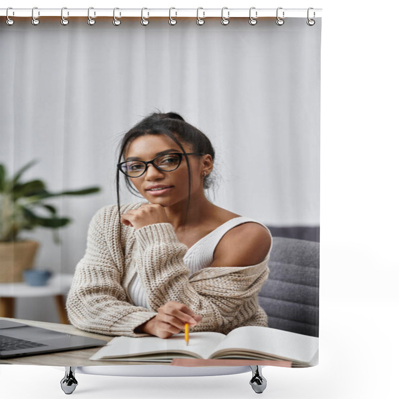 Personality  A Young Woman In Comfortable Clothing Studies Intently From Her Home, Surrounded By Greenery. Shower Curtains