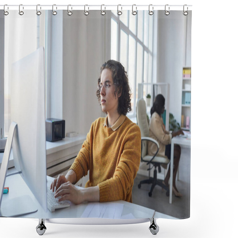 Personality  Side View Portrait Of Young Software Developer Using Computer While Working At Desk In White Office Interior, Copy Space Shower Curtains