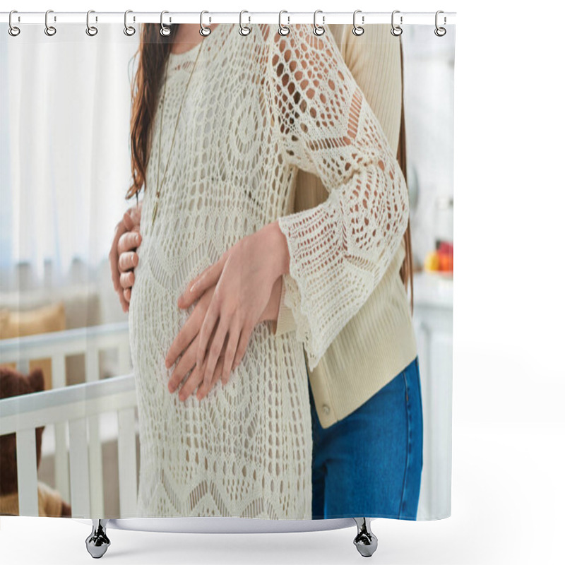 Personality  Cropped View Of Young Lesbian Couple Hugging Warmly With Hands On Pregnant Belly, Ivf Concept Shower Curtains