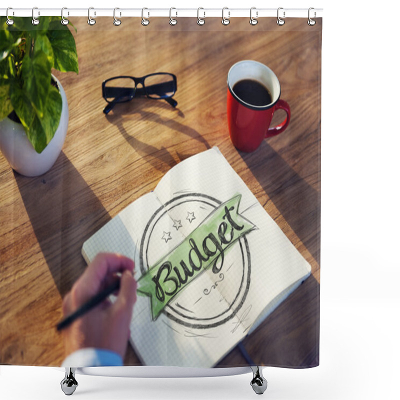 Personality  Businessman Writing Word 'Budget' Shower Curtains