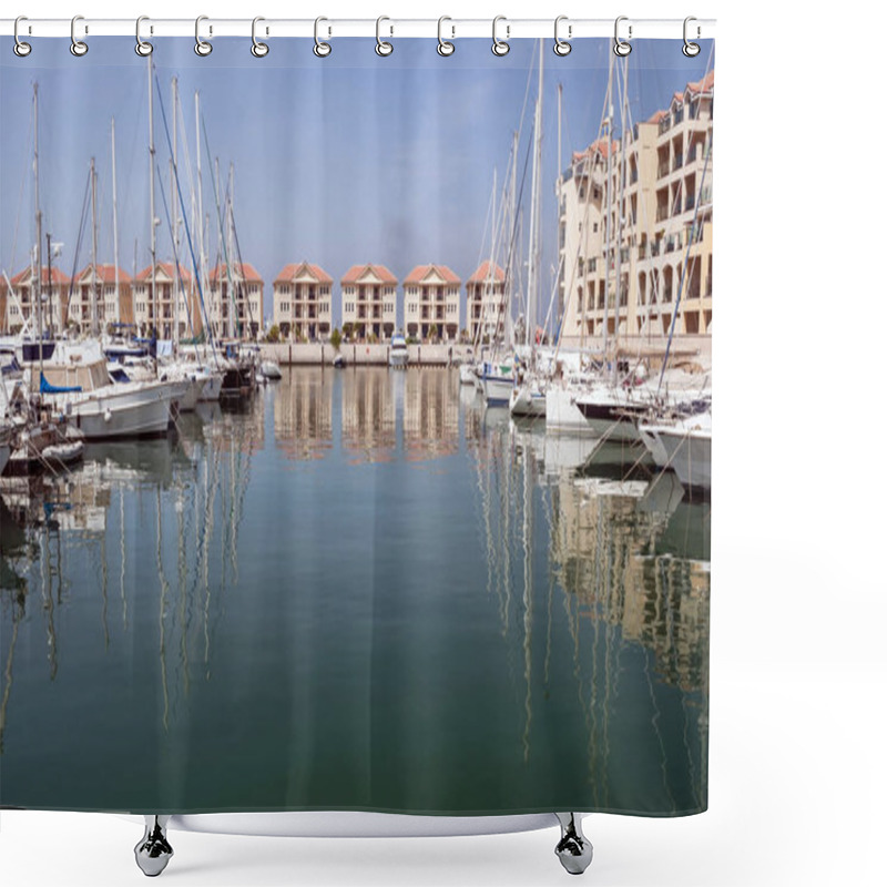 Personality  Boats In The Port Of Gibraltar, With The Buildings In The Background  Shower Curtains