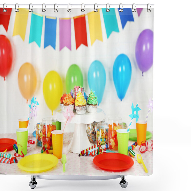 Personality  Prepared Birthday Table With Sweets For Children Party Shower Curtains