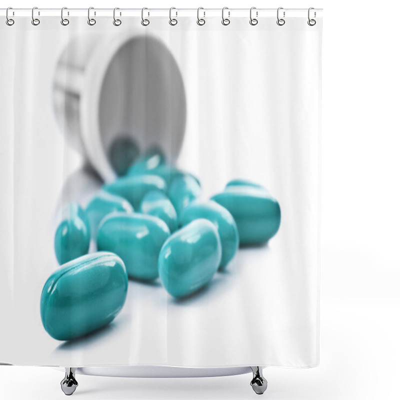 Personality  Blue Pills An Pill Bottle On White Background Shower Curtains