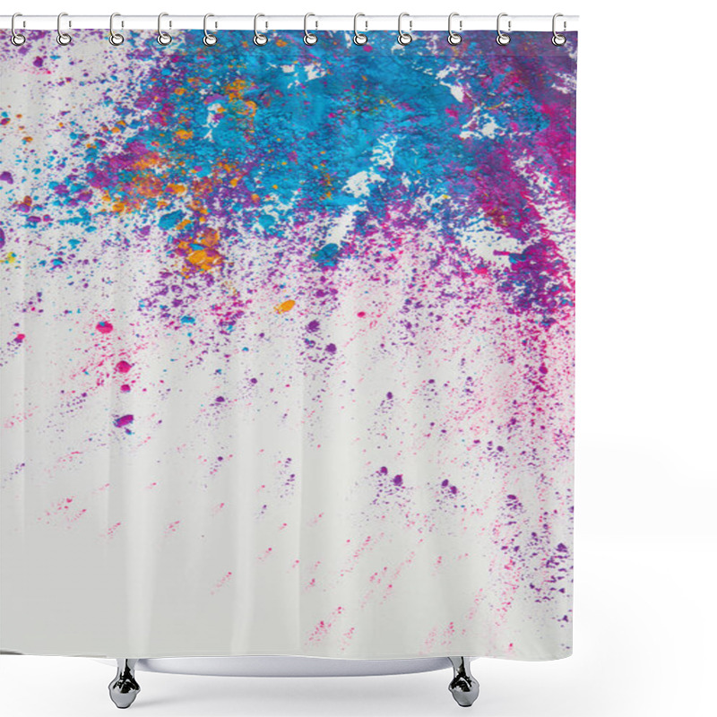 Personality  Top View Of Explosion Of Purple And Blue Holi Powder On White Background Shower Curtains