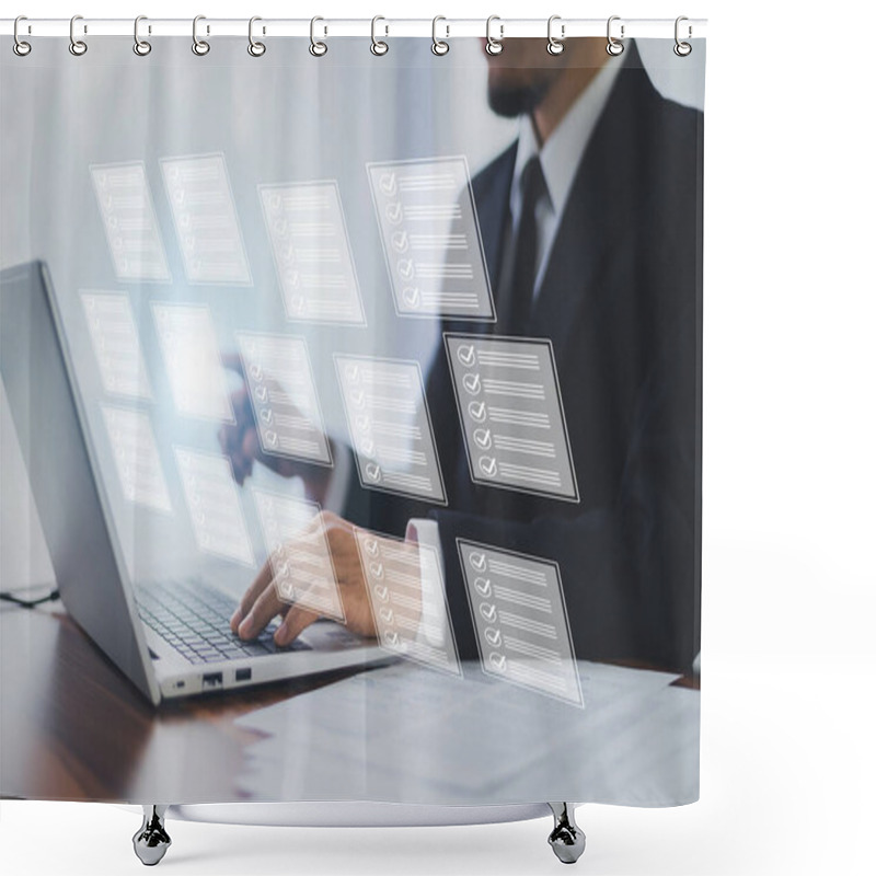 Personality  Businessman With Computer Document Automates Business Processes, Streamlines Data Management, And Enhances Organizational Efficiency, Ensuring Seamless Operations And Strategic Decision-making. Shower Curtains