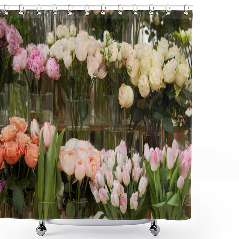 Personality  Roses, Tulips And Peonies In Glass Vases Shower Curtains