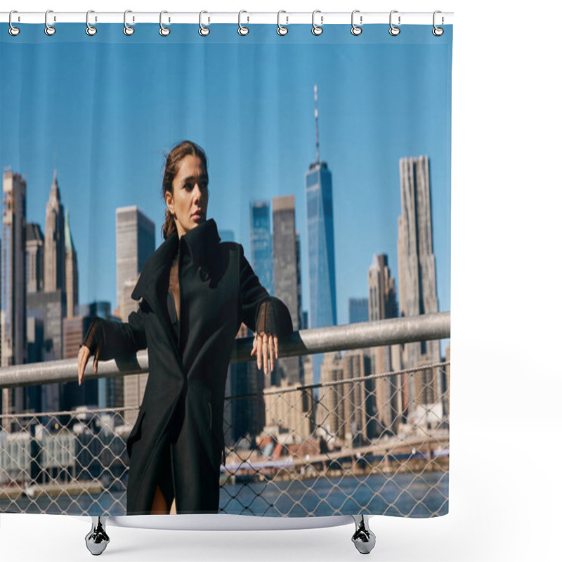 Personality  A Woman In A Black Coat Poses Against The New York City Skyline. Shower Curtains