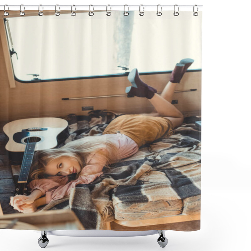 Personality  Attractive Hippie Girl Lying Inside Camper Van With Acoustic Guitar Shower Curtains