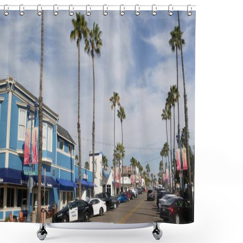 Personality  Oceanside, California USA - 27 Jan 2020: Police Sheriff Car, Pier View Coffee Cafe. Palm Trees On Typical American Street, Pacific Coast Tropical Resort. Auto Transport On Road, Generic View Of City. Shower Curtains