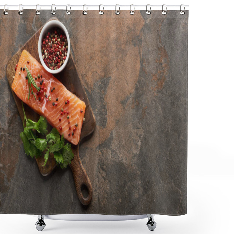 Personality  Top View Of Raw Fresh Salmon With Peppercorns, Parsley On Wooden Cutting Board Shower Curtains