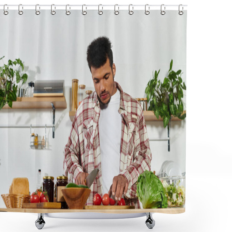 Personality  Handsome Young Man Chopping Vegetables In A Contemporary Kitchen, Focused On Healthy Cooking. Shower Curtains