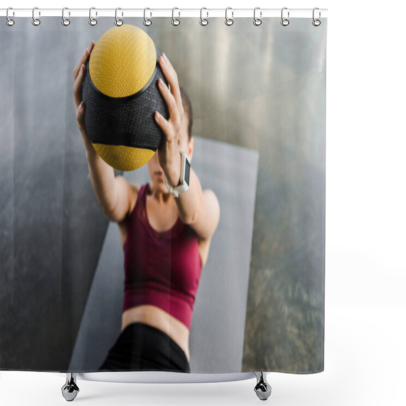 Personality  Sportswoman On Fitness Mat Training With Medicine Ball At Gym Shower Curtains