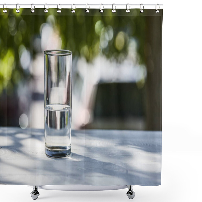 Personality  Fresh Clean Water In Transparent Glass At Sunny Day Outside On Wooden Table Shower Curtains