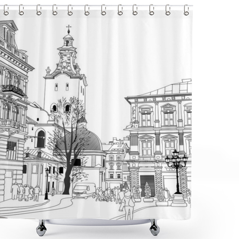 Personality  Sketch Vector Illustration Of Lviv Historical Building, Ukraine Shower Curtains