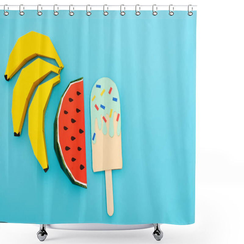 Personality  Top View Of Paper Watermelon, Bananas And Ice Cream With Sprinkles On Blue Background Shower Curtains