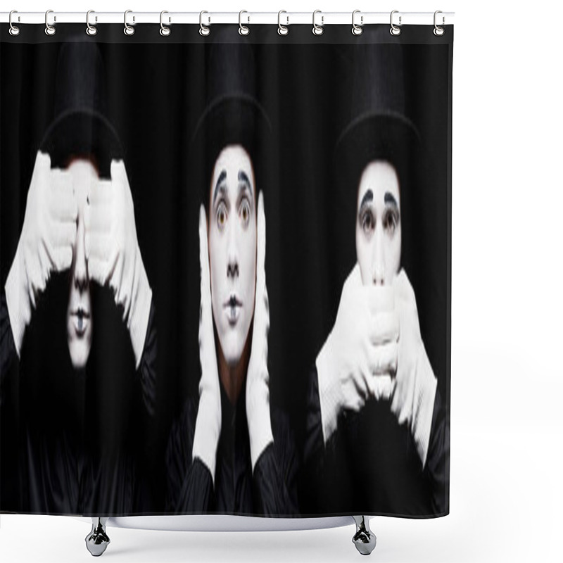 Personality  Mime Showing See No Evil, Hear No Evil, Speak No Evil Isolated On Black Shower Curtains