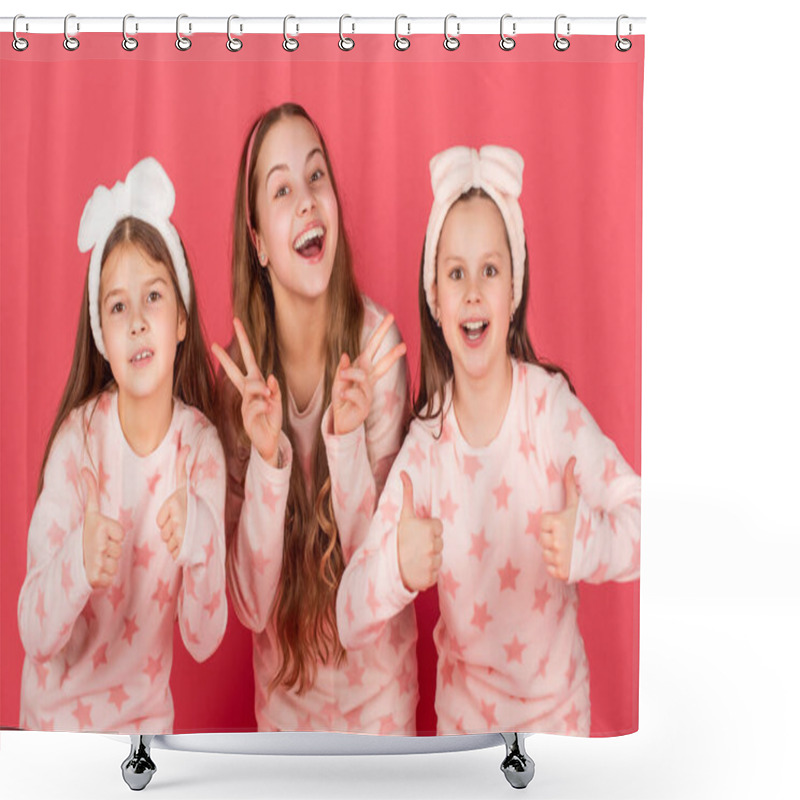 Personality  Giving Thumbs And V-signs Gestures. Happy Children In Homewear Pink Background. Kids Homewear Shower Curtains