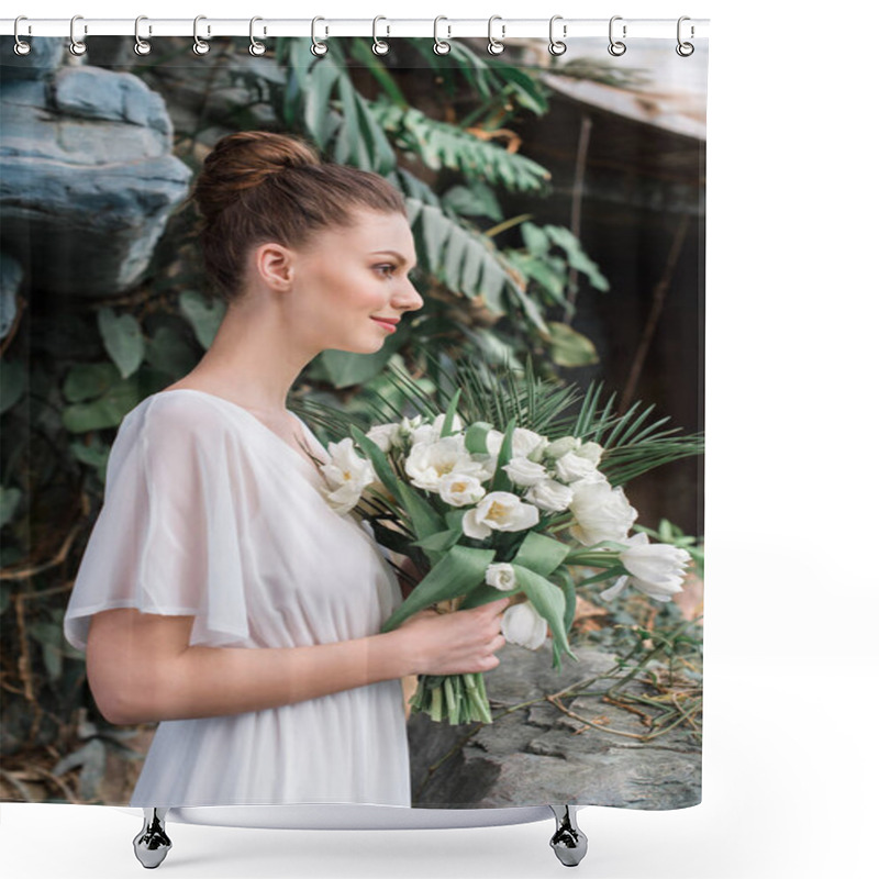 Personality  Fashionable Bride Posing In White Dress With Wedding Bouquet Shower Curtains