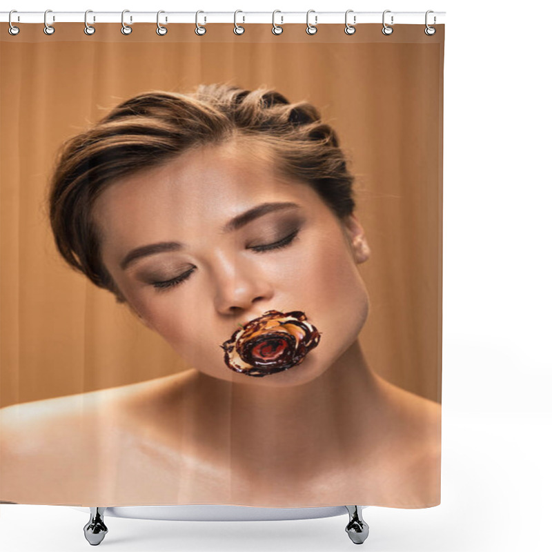 Personality  Naked Woman With Closed Eyes Holding Rose In Mouth Covered With Melted Chocolate Isolated On Beige Shower Curtains