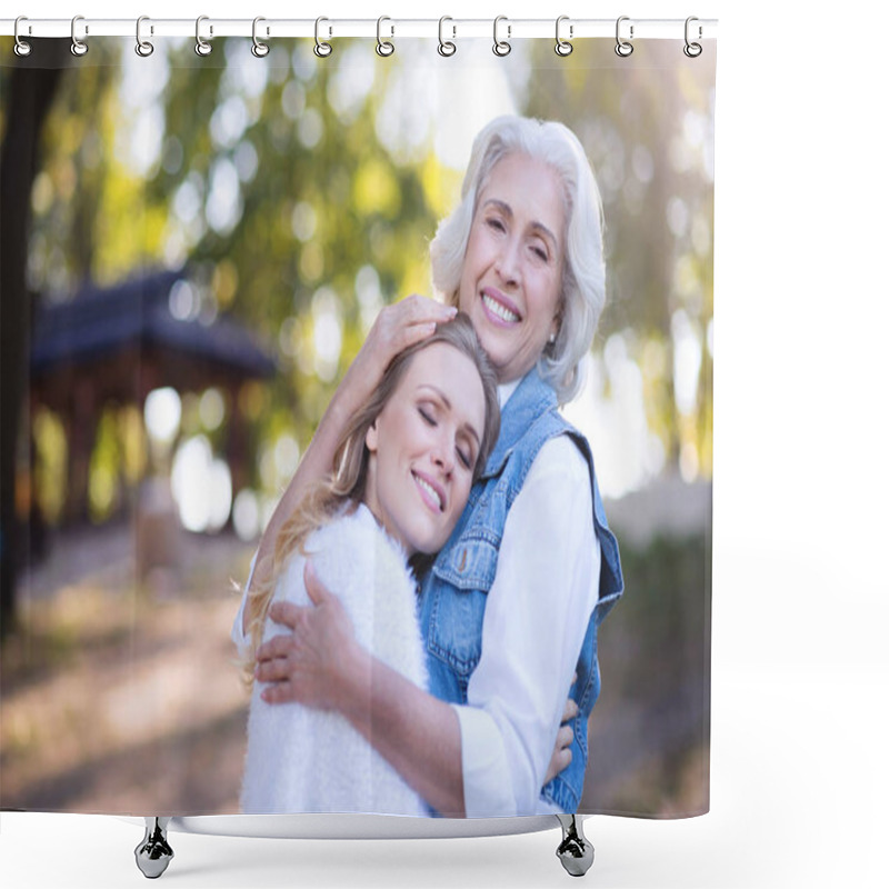 Personality  Retired Mother Hugging Daughter In Park Shower Curtains