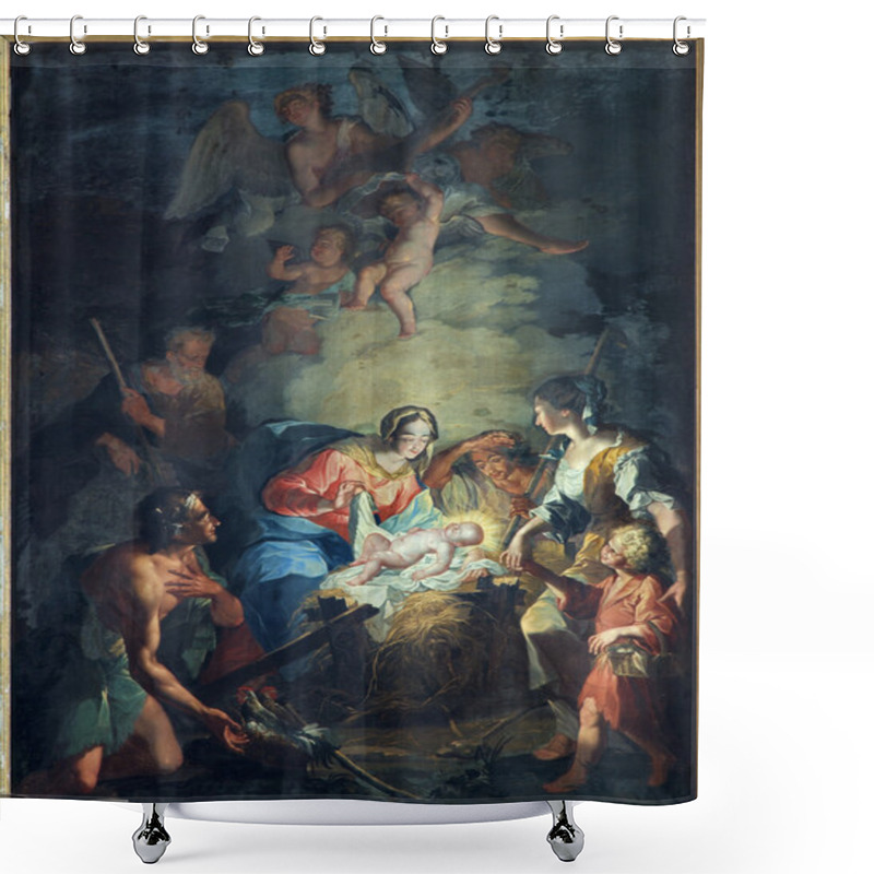 Personality  BRUGES, BELGIUM - JUNE 12, 2014: The Nativity Scene By Mathias De Visch (1701-1765) From St. Jocobs Church (Jakobskerk). Shower Curtains