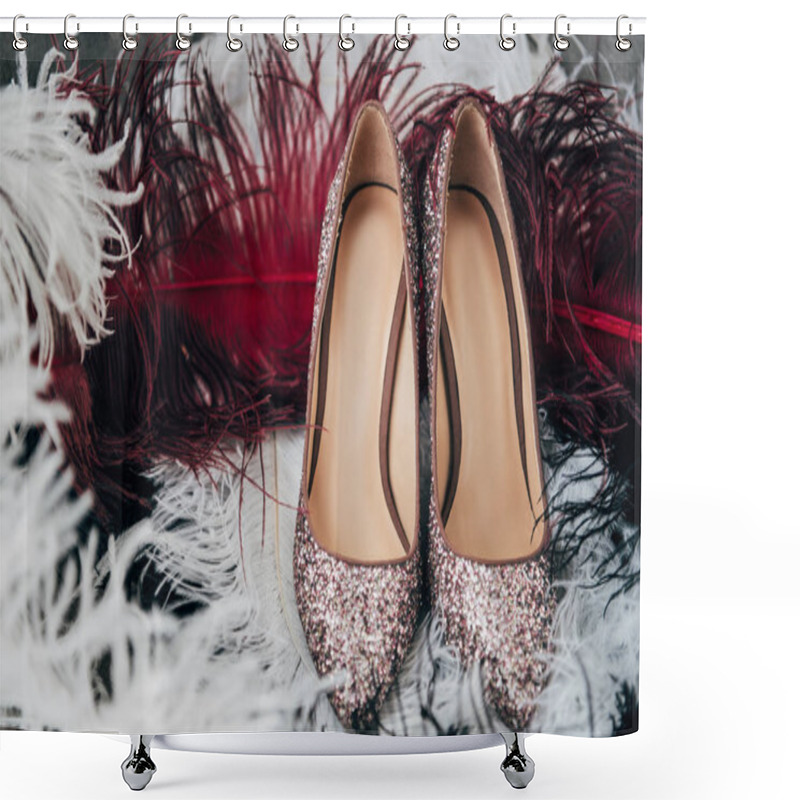 Personality  Close Up View Of Bridal Shoes And Decorative Feathers For Rustic Wedding Shower Curtains