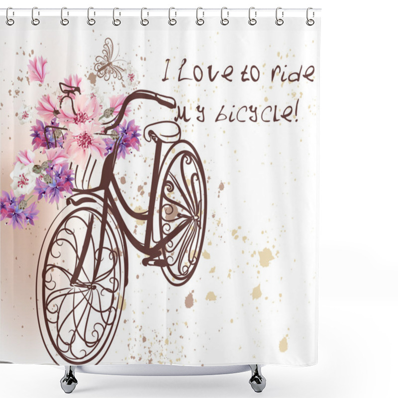 Personality  Cute Vector Invitation With Fake Bicycle And Flowers Shower Curtains