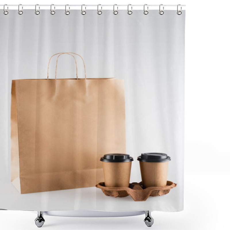 Personality  Paper Bag And Disposable Cups On Grey, Ecology Concept Shower Curtains