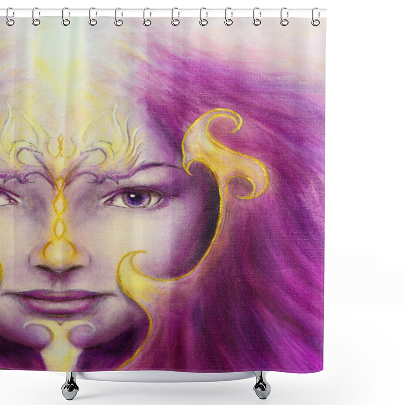 Personality  Mystic Woman Face With Gold Ornamental Tattoo And Two Phoenix Birds, Purple Background. Eye Contact. Shower Curtains