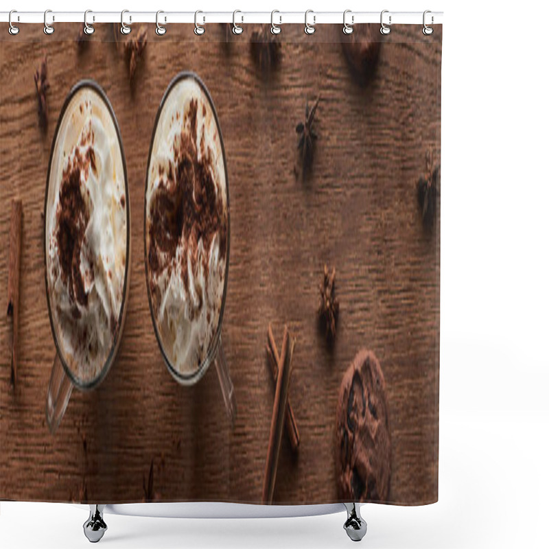 Personality  Top View Of Christmas Cacao With Whipped Cream On Wooden Table Near Cookies And Spices, Panoramic Shot Shower Curtains