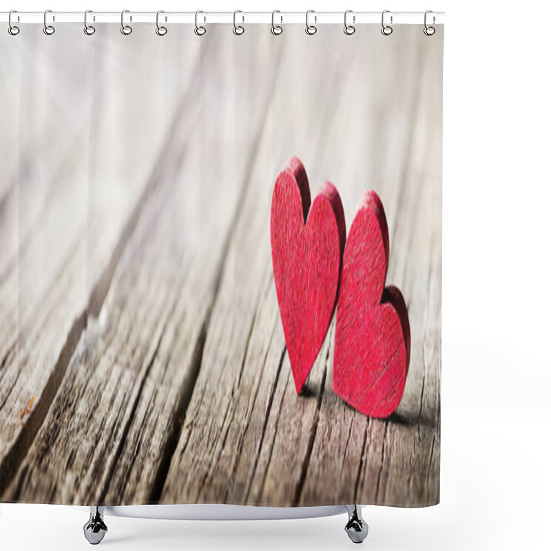 Personality  Two Wooden Hearts On Rustic Table With Sunlight Shower Curtains