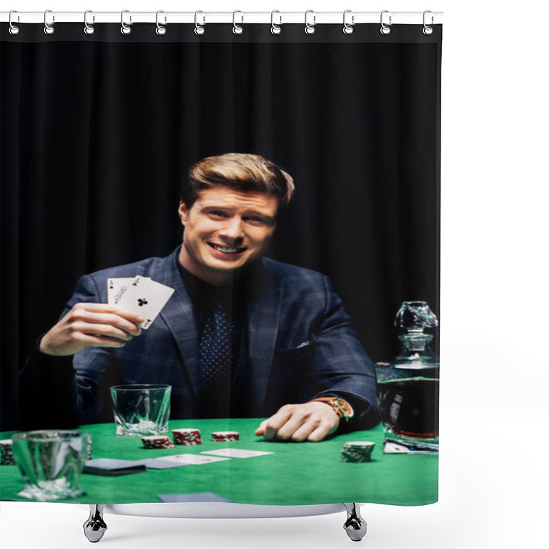 Personality  KYIV, UKRAINE - AUGUST 20, 2019: Selective Focus Of Happy Man Holding Playing Cards And Playing Poker Isolated On Black  Shower Curtains