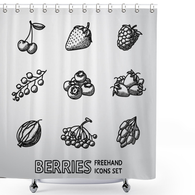 Personality  Set Of Freehand BERRIES Icons - Cherry, Strawberry, Raspberry, Currant, Blueberry, Gooseberry, Rowan, Goji. Vector Shower Curtains