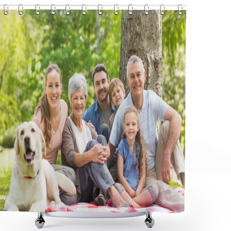 Personality  Extended Family With Their Pet Dog Sitting At Park Shower Curtains