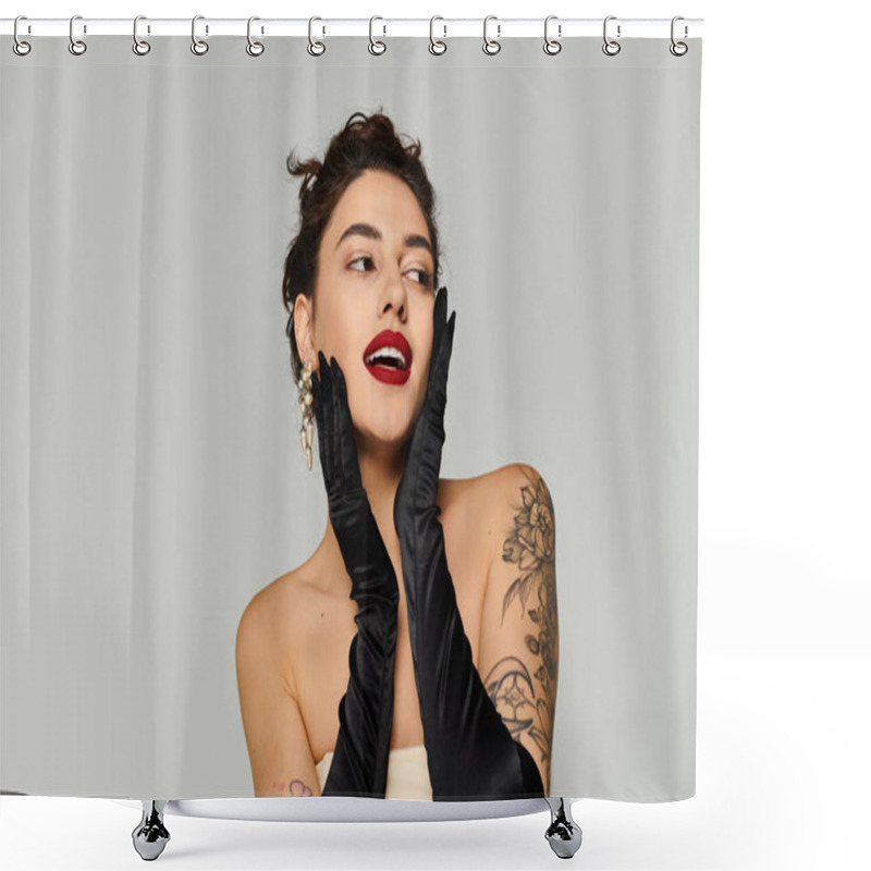 Personality  Woman With Tattoos Poses With Black Gloves And Bold Lipstick, Showcasing Elegance And Charm. Shower Curtains