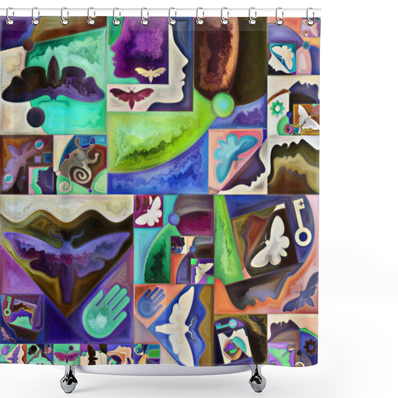 Personality  Exit Form. Secret Password Series. Abstract Background Made Of Human Silhouettes, Art Textures And Colors Interplay On The Theme Of Inner Life, Drama, Poetry And Perception Shower Curtains