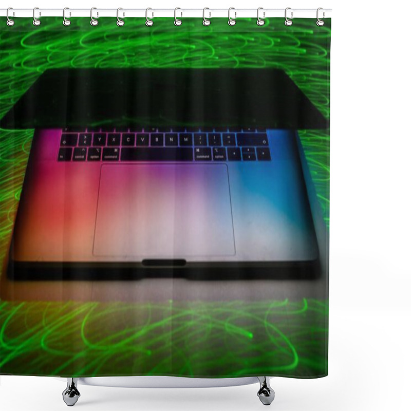 Personality  Programming Room With Led Lights Like In A Disco And A Very Powerful Laptop For Programming And Design. Shower Curtains