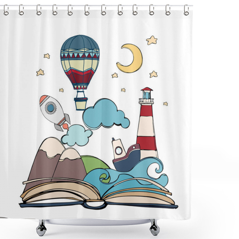 Personality  Open Book With Rocket And Air Balloon Shower Curtains