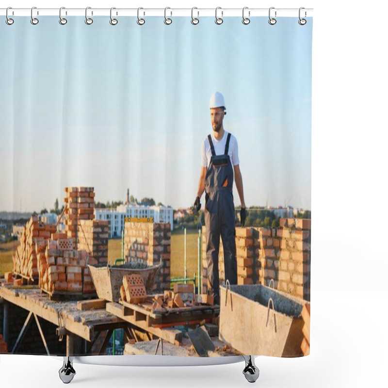 Personality  Construction Worker In Uniform And Safety Equipment Have Job On Building. Industrial Theme. Shower Curtains