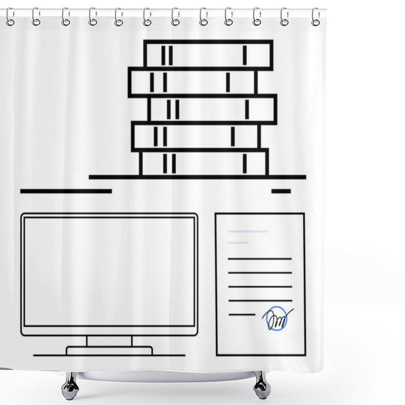 Personality  Stacked Files, Computer Monitor, And Signed Document Emphasize A Digital Workspace. Ideal For Office Organization, Document Management, Work From Home, Digital Signatures, Business Tools, Workflow Shower Curtains