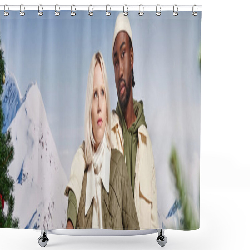 Personality  Young Stylish Duo In Warm Clothing Posing Together, Arm On Shoulder, Winter Concept, Banner Shower Curtains