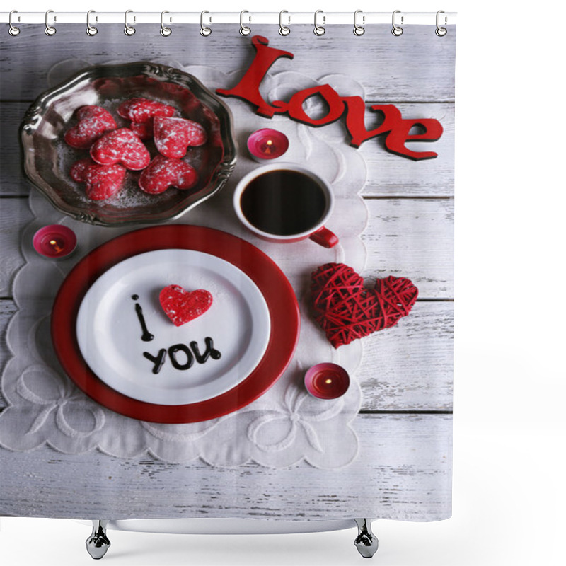 Personality  Cookie In Form Of Heart On Plate With Inscription I Love You On Color Wooden Table Background Shower Curtains