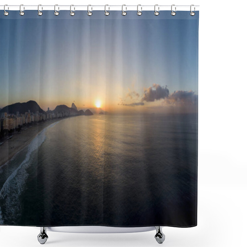 Personality  Aerial View Of Copacabana Beach And Neighbourhood At Early Sunrise With The Sun On The Horizon Next To The Sugarloaf Mountain Against A Colourful Blue Sky Seen From The Ocean Shower Curtains