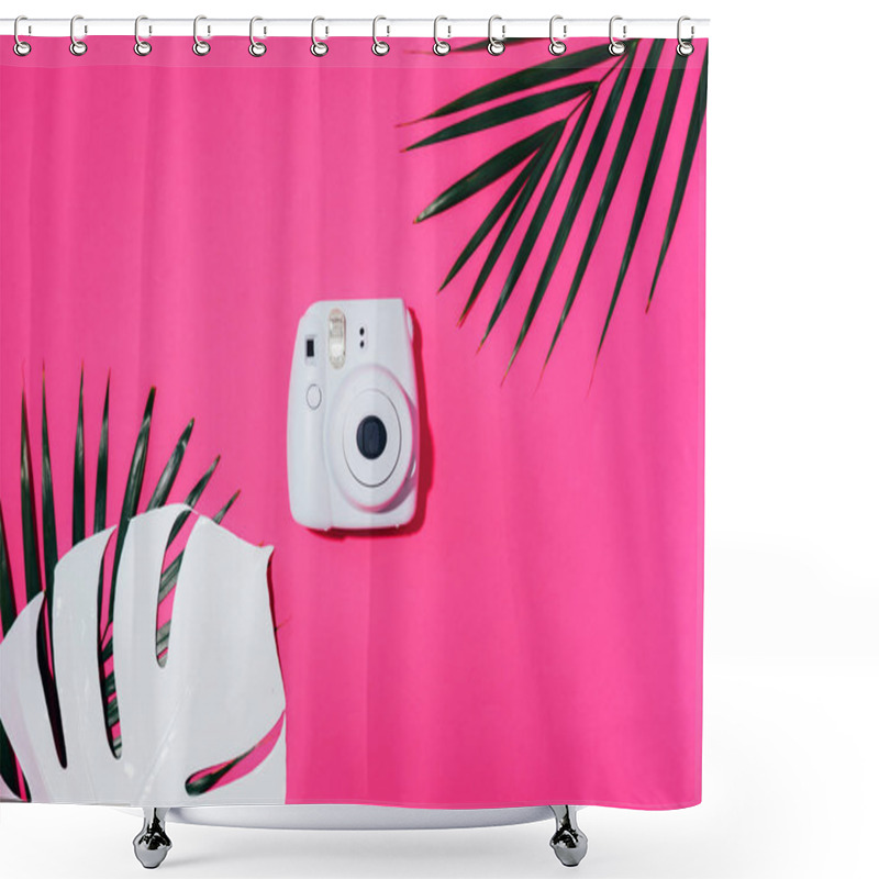 Personality  Vilnius, Lithuania - September 16, 2019: FUJIFILM INSTAX Mini Instant Film Camera On Pink Background. Shower Curtains