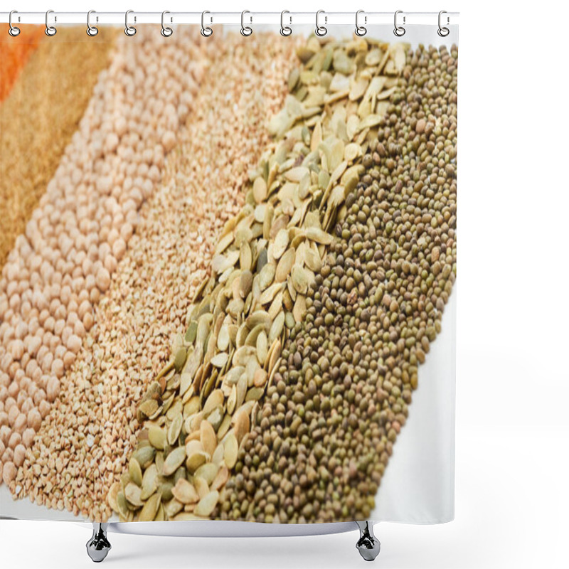 Personality  Raw Pumpkin Seeds Near Maash, Chickpea And Green Buckwheat Isolated On White Shower Curtains