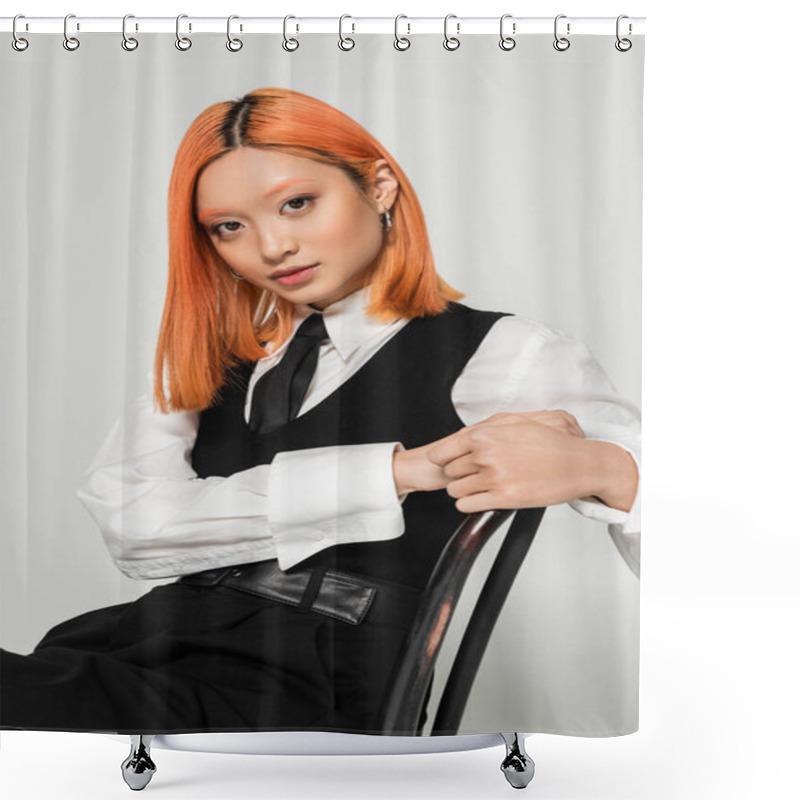 Personality  Appealing And Young Asian Woman With Dyed Red Hair, Wearing White Shirt, Black Vest And Tie, Sitting On Chair And Looking At Camera On Grey Background, Fashion Shoot, Business Casual Shower Curtains